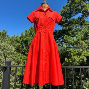 Vintage 60s Tomato Red Full Circle Skirt Shirtwaist Dress + Pockets XS S